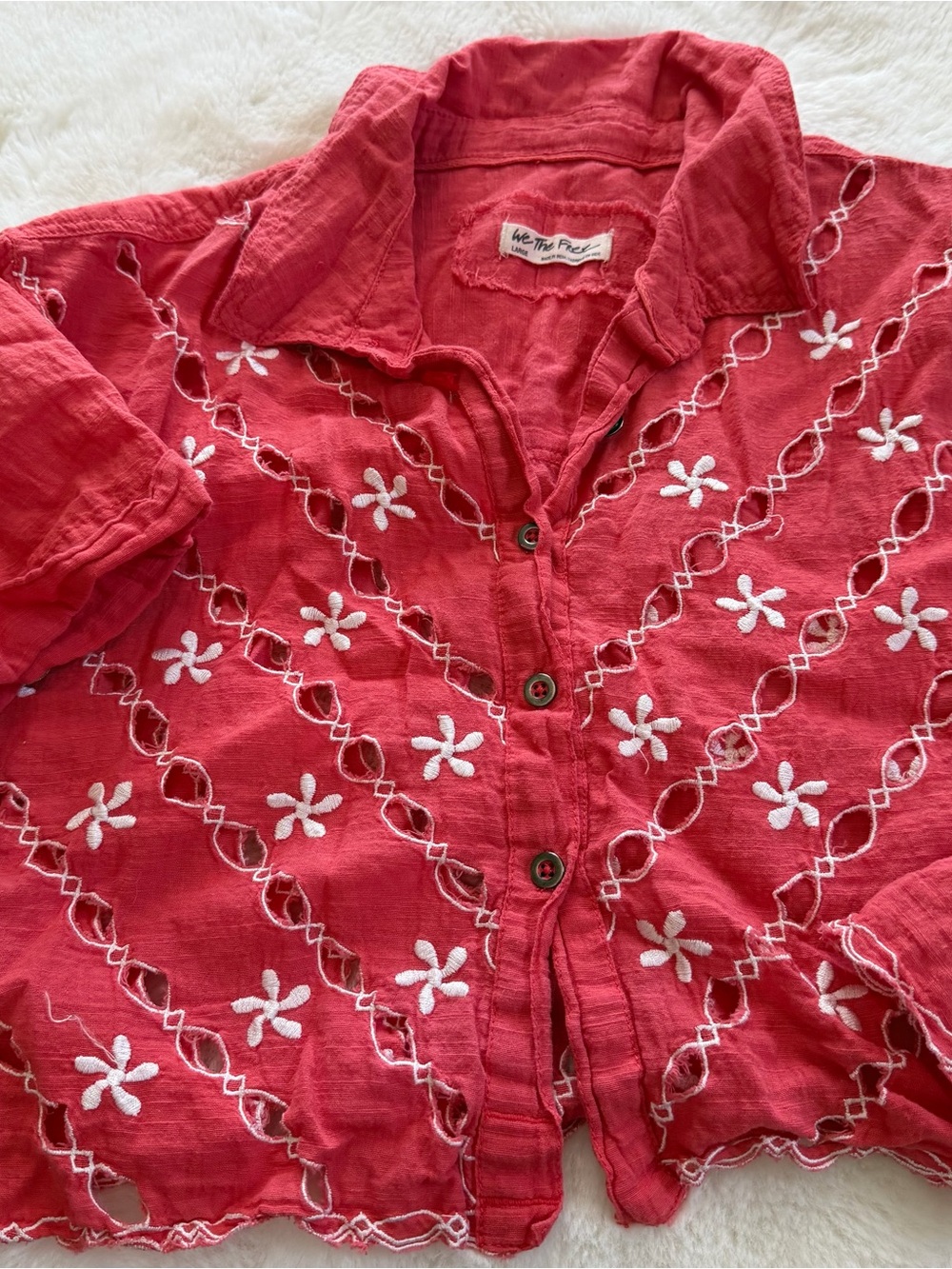 Free People We The Free Coral Embroidered Cutwork Cropped Button Shirt L - Picture 4 of 8